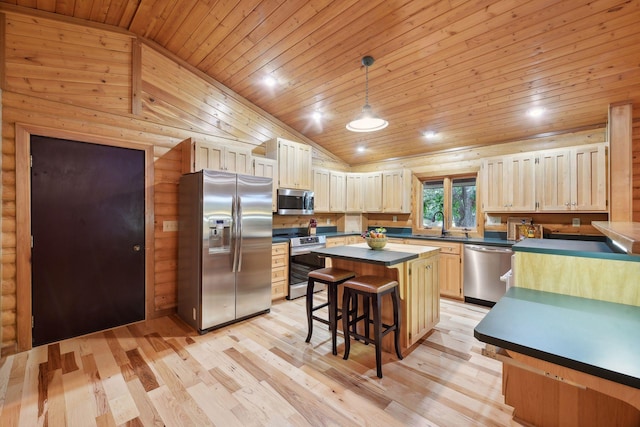 kitchen with stainless steel appliances, wood ceiling, a kitchen island, and lofted ceiling