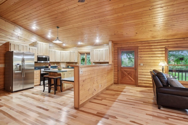 kitchen featuring wooden ceiling, light hardwood / wood-style flooring, stainless steel appliances, kitchen peninsula, and a kitchen bar