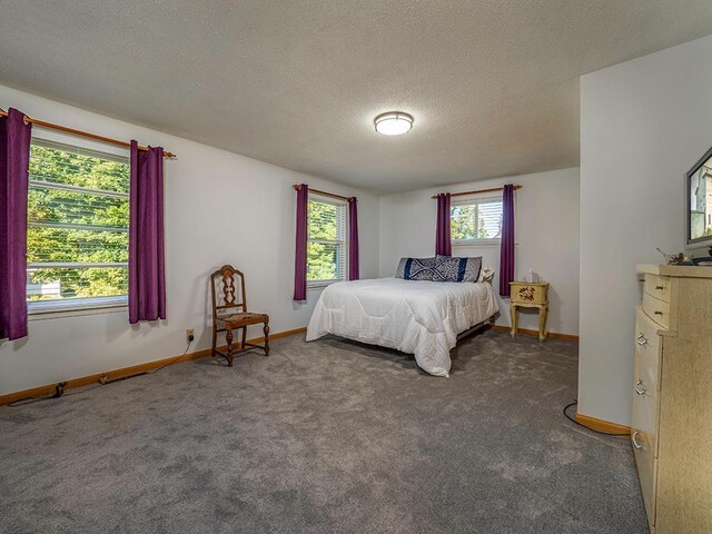 bedroom with dark carpet and a textured ceiling