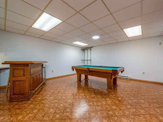 recreation room with pool table and a paneled ceiling