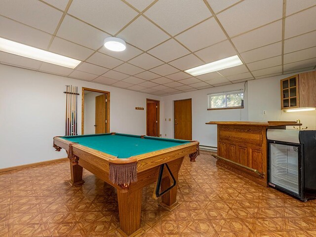 playroom featuring bar area, wine cooler, a paneled ceiling, and pool table