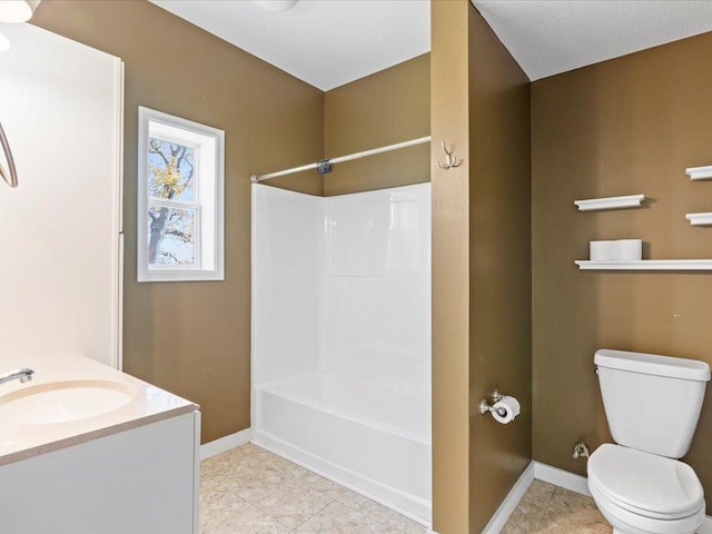 full bathroom with vanity, toilet, tub / shower combination, and tile patterned floors