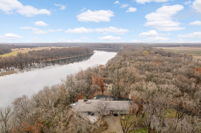 bird's eye view featuring a water view and a wooded view