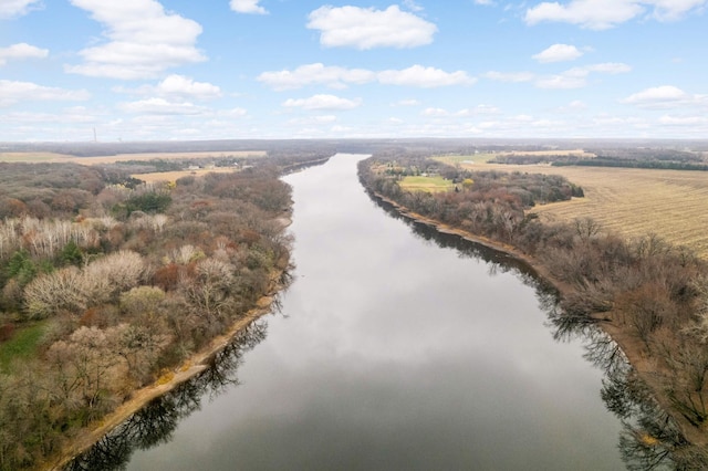 bird's eye view featuring a rural view and a water view