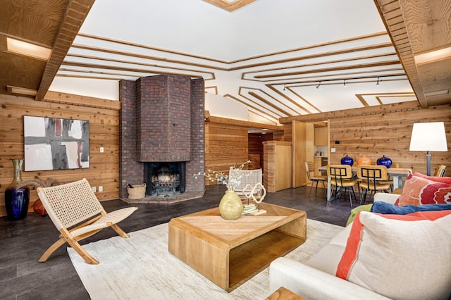 living area featuring a skylight, wooden walls, a towering ceiling, rail lighting, and a fireplace