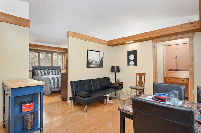 living area with light wood-style floors and lofted ceiling