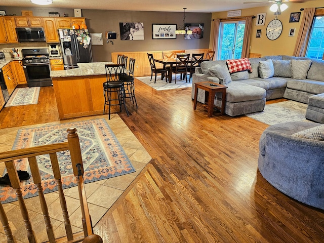 living room with light hardwood / wood-style floors and ceiling fan