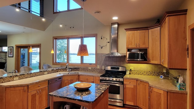 kitchen featuring wall chimney range hood, stainless steel appliances, sink, a center island, and pendant lighting