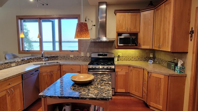 kitchen featuring tasteful backsplash, appliances with stainless steel finishes, dark wood-type flooring, wall chimney exhaust hood, and sink