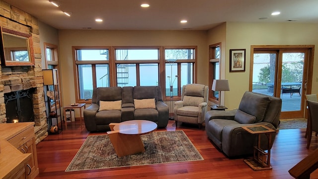 living room featuring a stone fireplace and dark hardwood / wood-style flooring