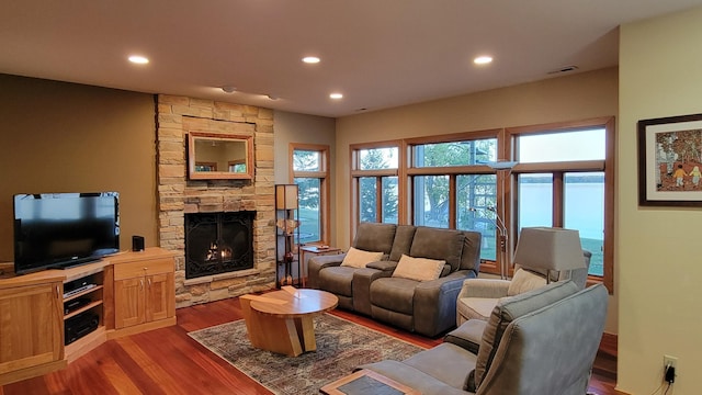 living room featuring dark wood-type flooring and a fireplace