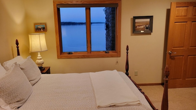 bedroom featuring a water view and carpet floors