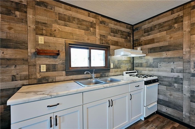 kitchen featuring wood walls, white range with gas stovetop, and sink