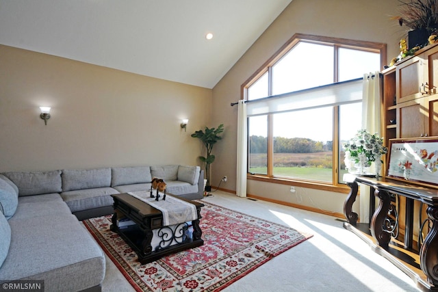 living room with light carpet and lofted ceiling