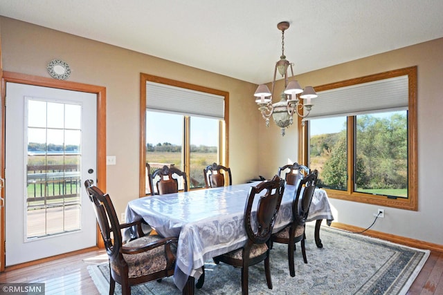 dining area featuring a notable chandelier, wood-type flooring, and a healthy amount of sunlight