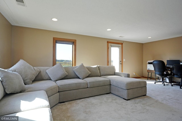 carpeted living room with crown molding