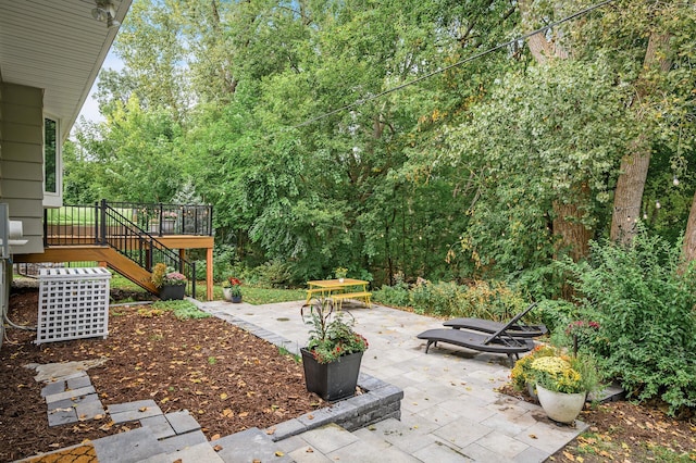 view of yard featuring a patio area and a deck