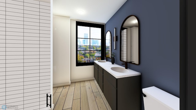 bathroom with a sink, toilet, wood finished floors, double vanity, and baseboards