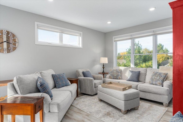 living room featuring plenty of natural light and light hardwood / wood-style flooring