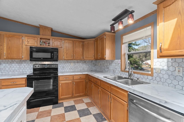 kitchen featuring black appliances, crown molding, sink, vaulted ceiling, and decorative backsplash