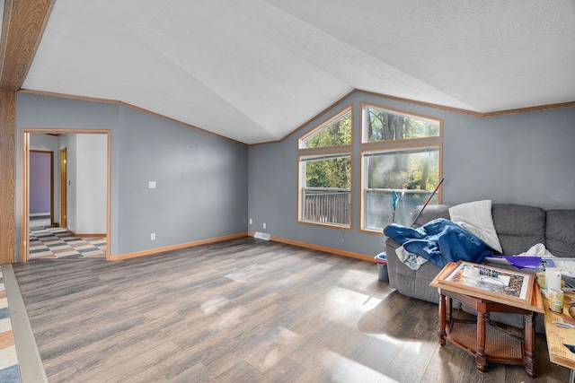 living room with a textured ceiling, hardwood / wood-style flooring, and vaulted ceiling