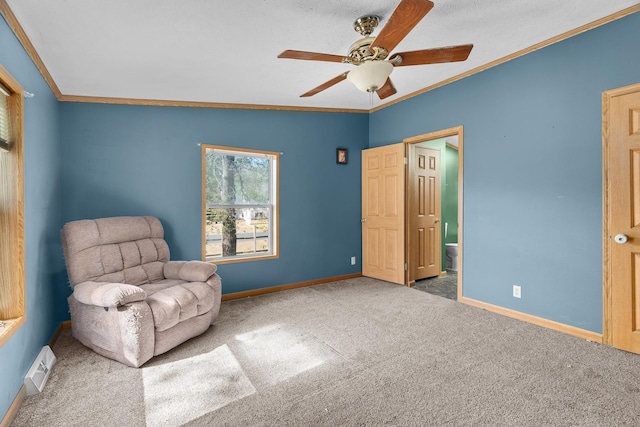 unfurnished room featuring carpet flooring, crown molding, ceiling fan, and lofted ceiling