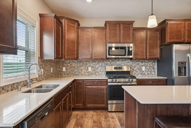 kitchen featuring light hardwood / wood-style floors, appliances with stainless steel finishes, sink, and a healthy amount of sunlight