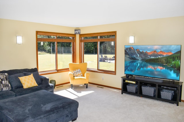 carpeted living area with baseboards and plenty of natural light