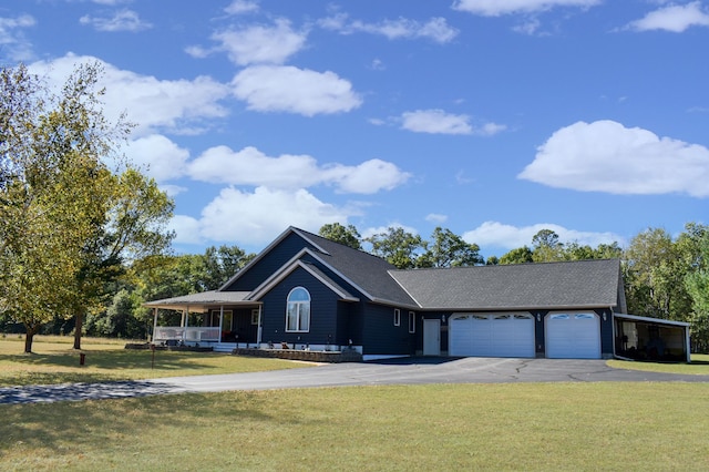 view of front of home with an attached garage, a porch, driveway, and a front lawn