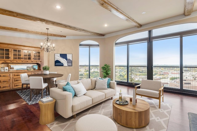 living room featuring beam ceiling, crown molding, recessed lighting, an inviting chandelier, and dark wood-type flooring