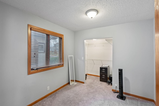 interior space with light carpet, a textured ceiling, and a closet