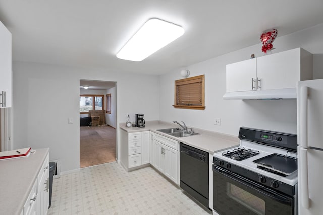 kitchen with white cabinetry, white appliances, sink, and light carpet