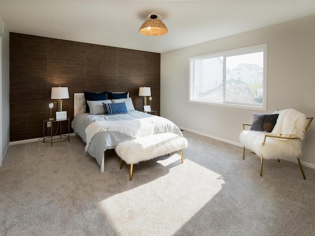 bedroom with light carpet