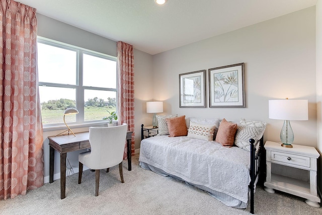 bedroom with light colored carpet