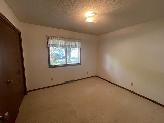 unfurnished bedroom featuring light colored carpet and a textured ceiling