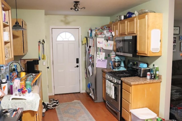 kitchen featuring appliances with stainless steel finishes, hanging light fixtures, and light hardwood / wood-style flooring