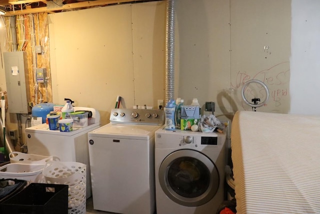 washroom with electric panel and washer and dryer