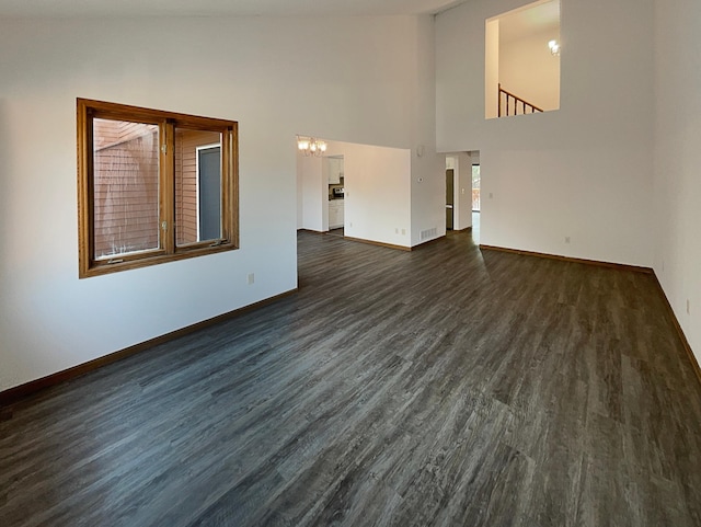 unfurnished living room featuring dark hardwood / wood-style flooring and high vaulted ceiling