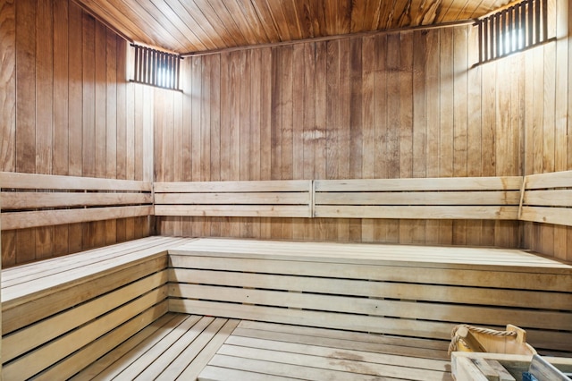 view of sauna / steam room with wood walls and wooden ceiling