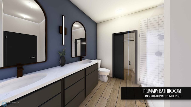 118 Broadway N Unit 802, Fargo, ND 58102 - bathroom with double vanity, wood finished floors, and a shower