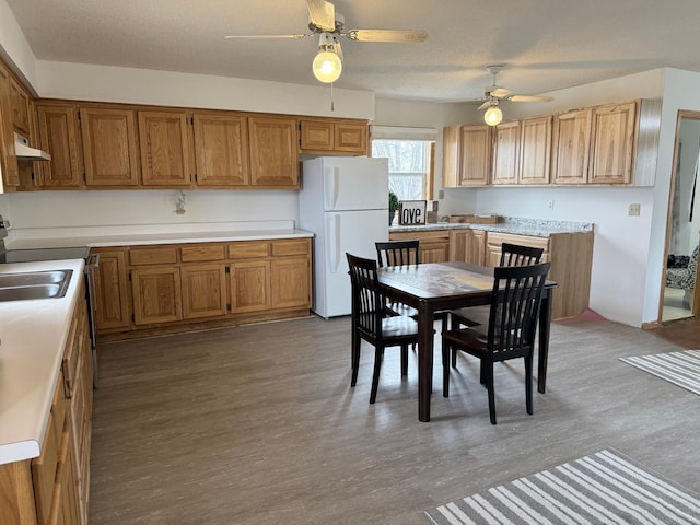 kitchen with wood finished floors, freestanding refrigerator, ceiling fan, and under cabinet range hood