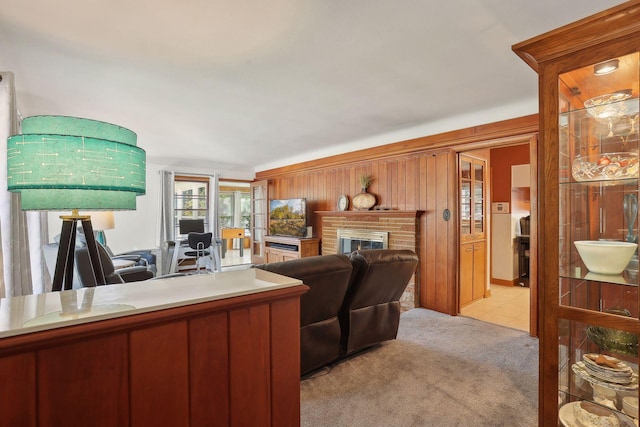 3522 Benjamin St NE, Minneapolis, MN 55418 - living room with a fireplace, light colored carpet, and wooden walls
