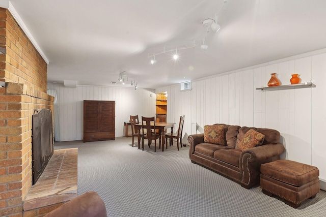 3522 Benjamin St NE, Minneapolis, MN 55418 - living area featuring carpet flooring and a brick fireplace