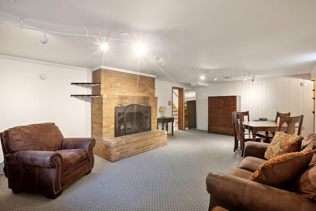 3522 Benjamin St NE, Minneapolis, MN 55418 - carpeted living room with track lighting and a brick fireplace