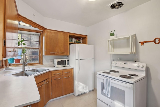 3522 Benjamin St NE, Minneapolis, MN 55418 - kitchen featuring white appliances, open shelves, a sink, light countertops, and brown cabinetry