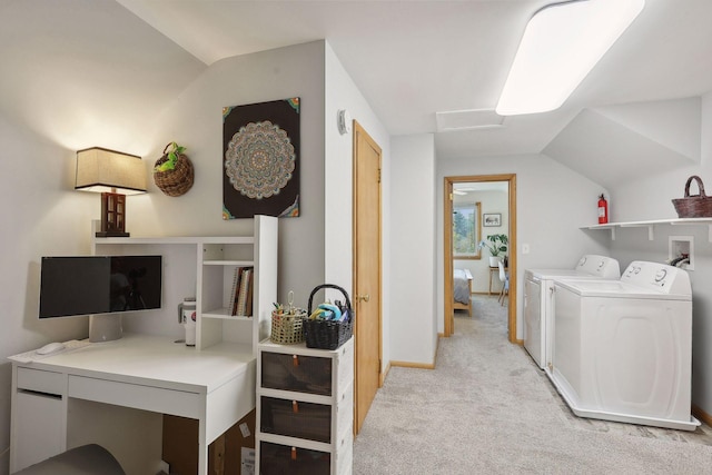 3522 Benjamin St NE, Minneapolis, MN 55418 - home office featuring lofted ceiling, washer and dryer, light carpet, and attic access