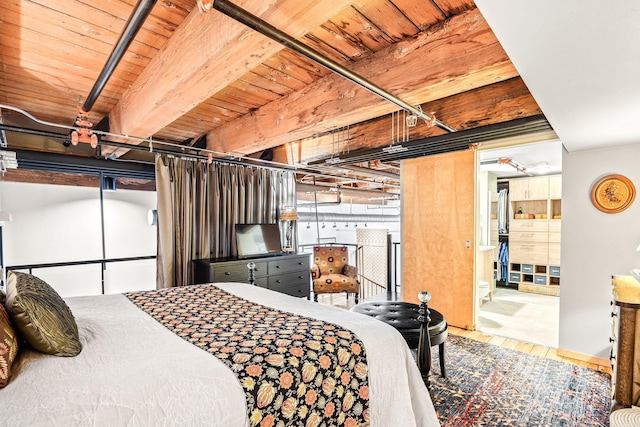 bedroom featuring beamed ceiling and wood ceiling