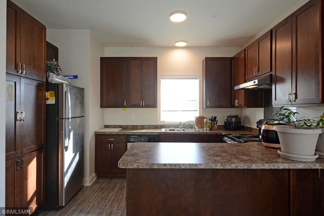 kitchen with appliances with stainless steel finishes, dark brown cabinetry, sink, and dark wood-type flooring