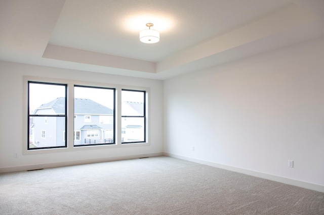 empty room with carpet floors and a tray ceiling