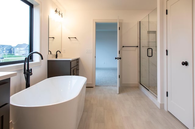 bathroom featuring hardwood / wood-style flooring, vanity, and independent shower and bath